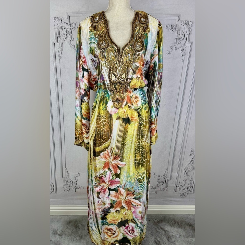 Classy Embellished V-neck Long Flared Sleeves Kaftan Swimsuit Coverup Dress - Picture 3 of 10